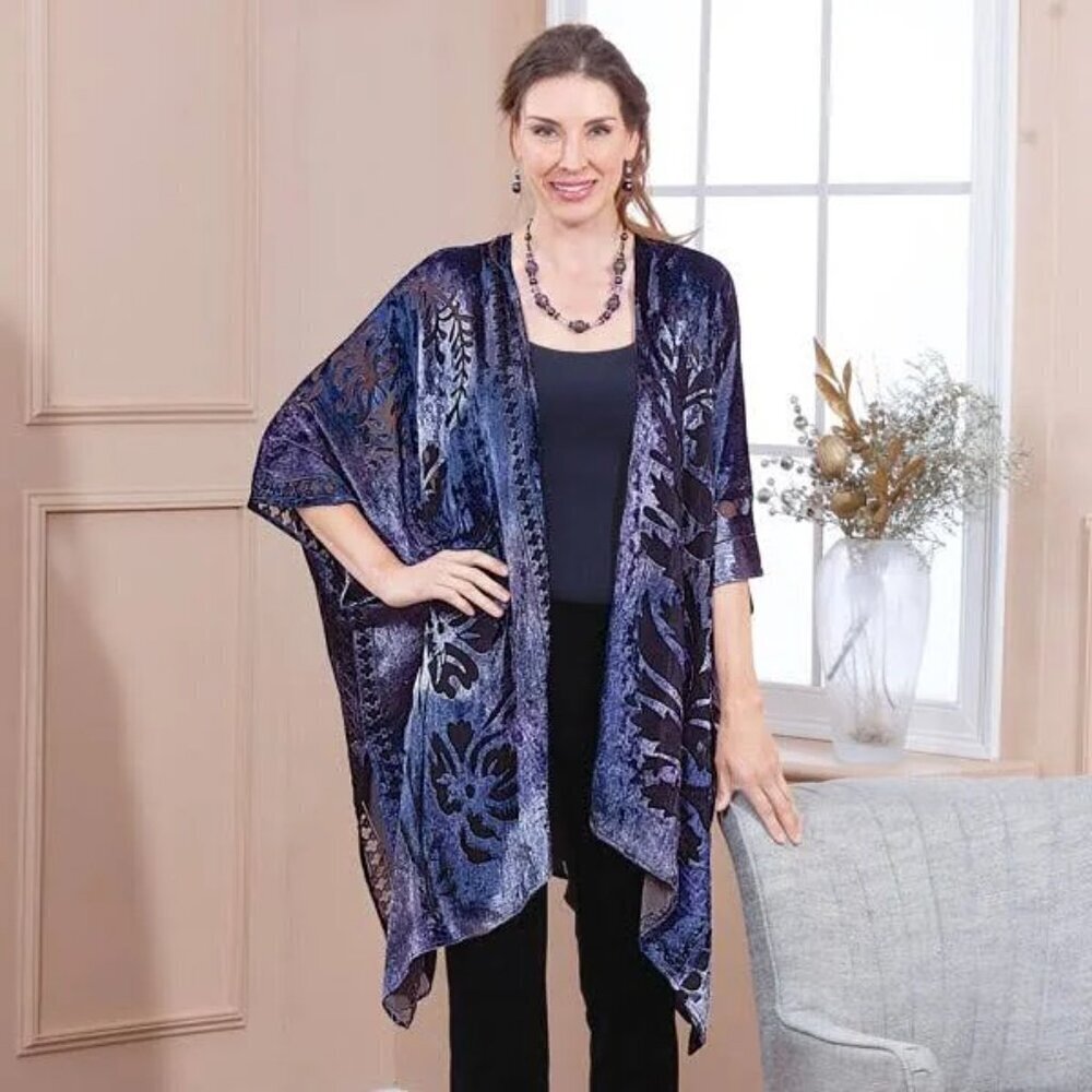 Uno Alla Volta Black Purple Mixed Print Velvet Burnout Duster/Kimono